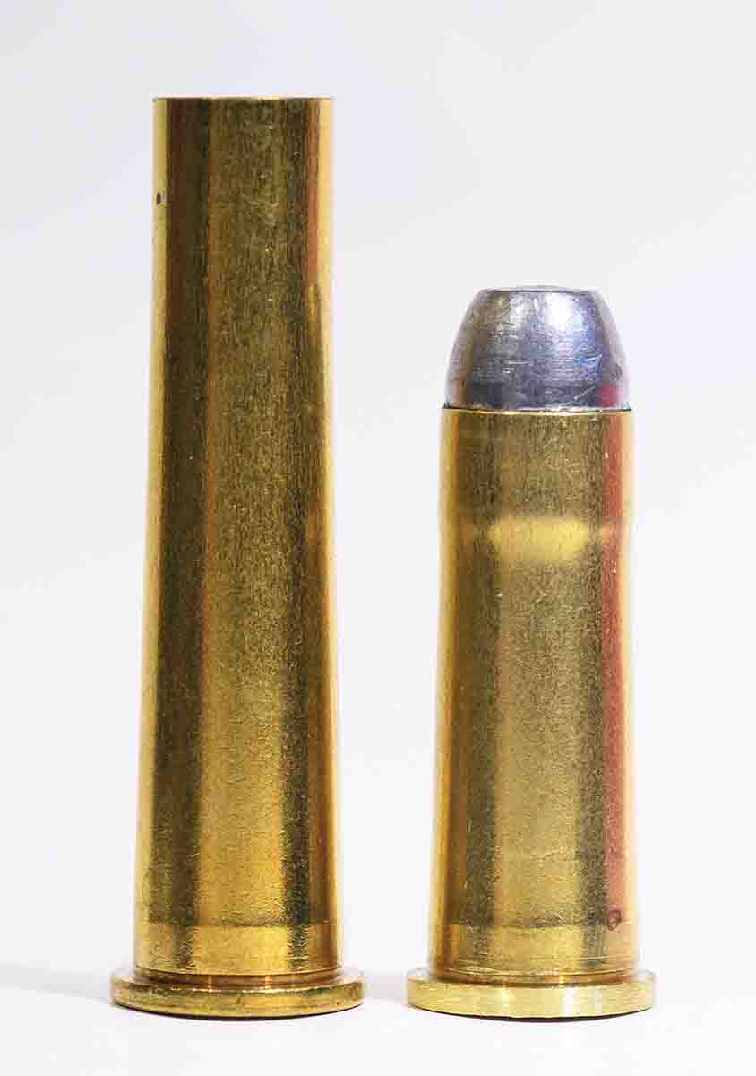 The 11.2x36 Austrian brass (right) can be made relatively easily from .40-65 brass.